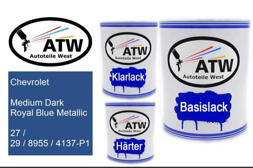 Chevrolet, Medium Dark Royal Blue Metallic, 27 / 29 / 8955 / 4137-P1: 1L Lackdose + 1L Klarlack + 500ml Härter - Set, von ATW Autoteile West.